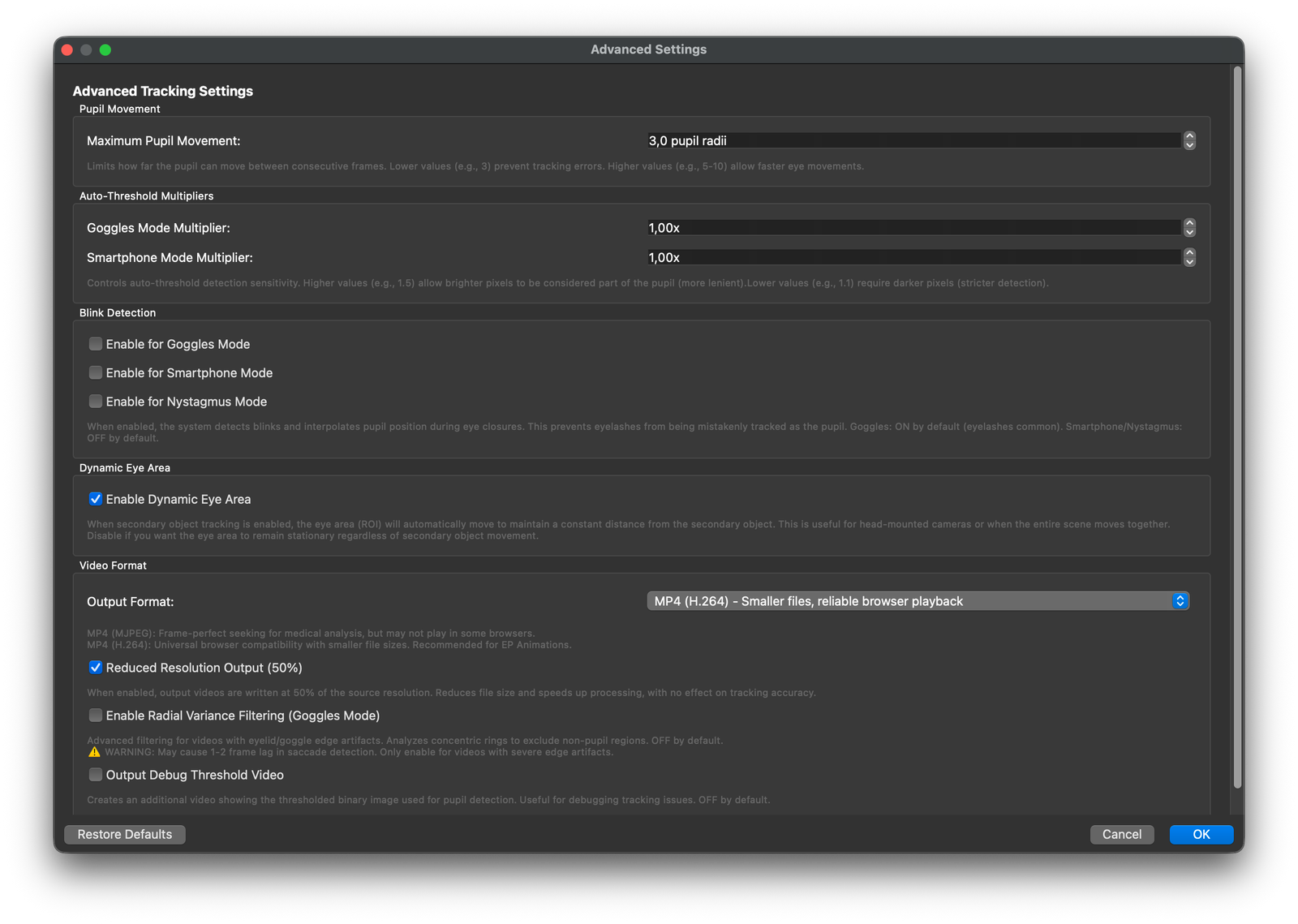 Eye Precision Advanced Settings