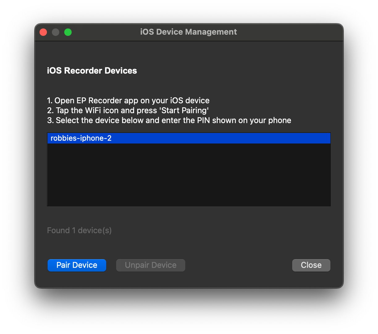 EP Latencies Pairing Screen