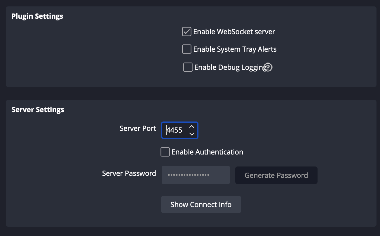 OBS Websockets settings