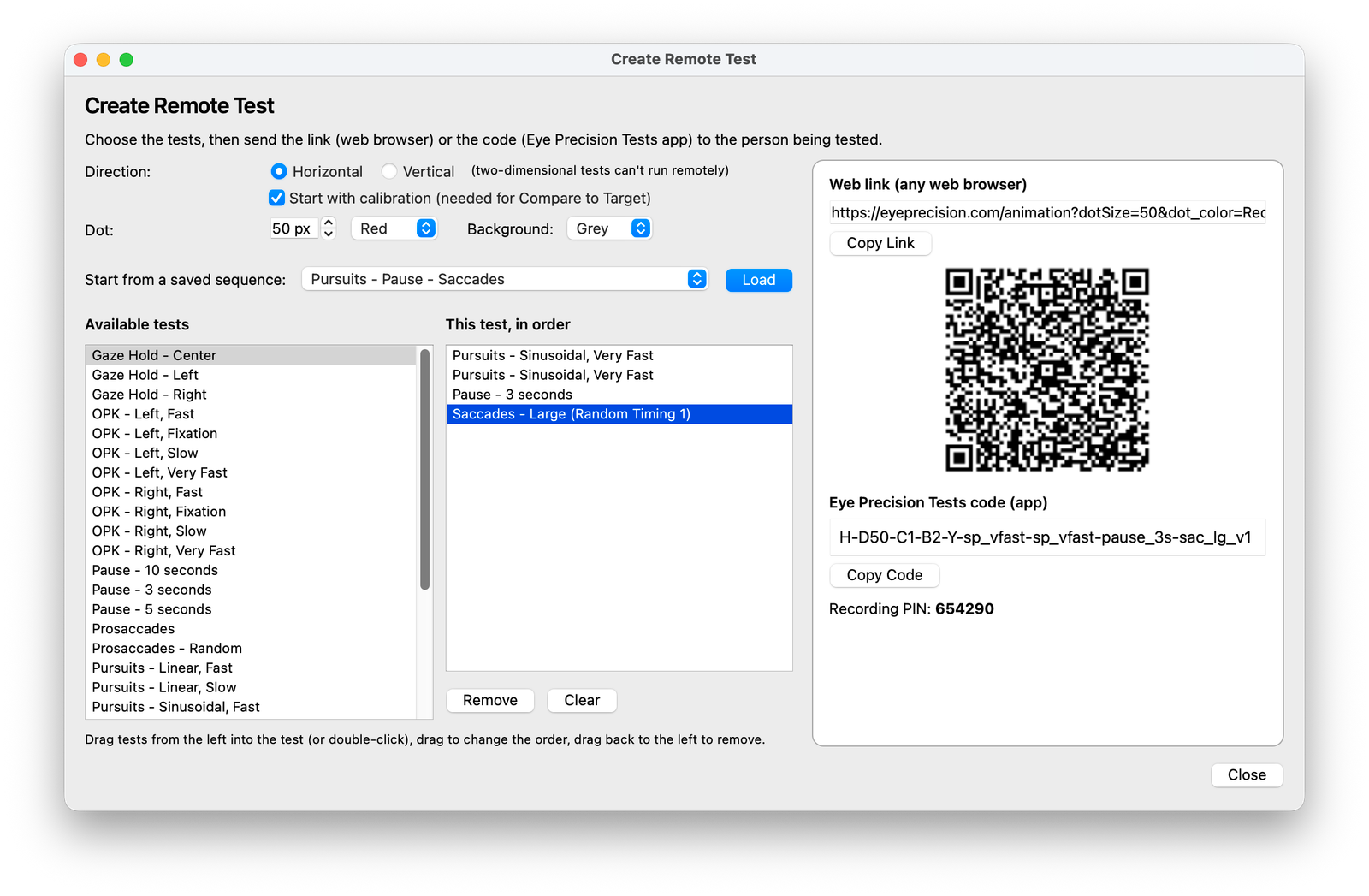 Create Remote Test window