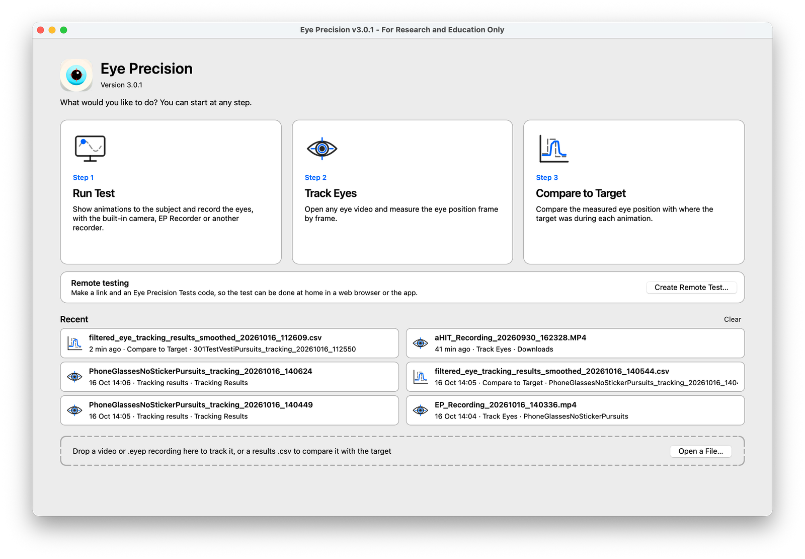 Eye Precision start screen with the three steps
